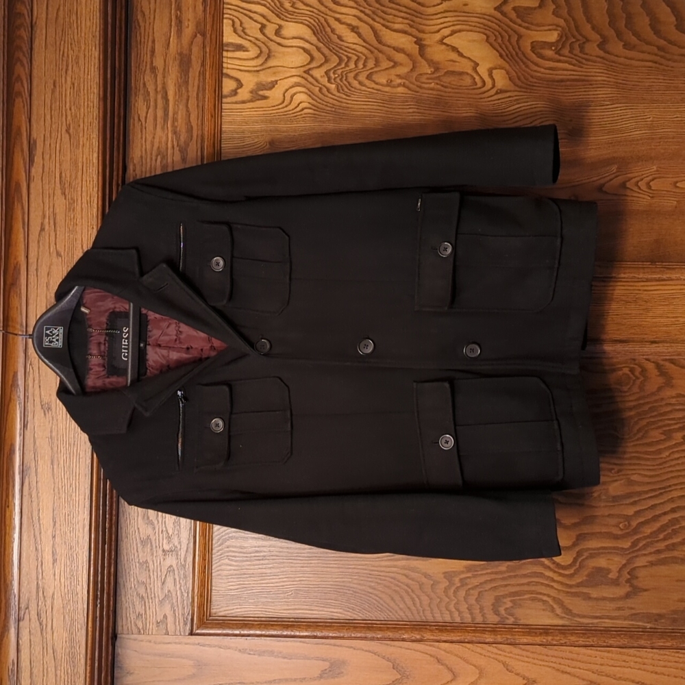 Guess Men's Pea Coat with Removable Hood Liner. Medium. Black.